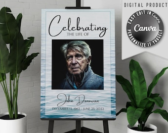 Printable funeral welcome poster, with one large photo. Edit this celebration of life memorial banner template easy in Canva.