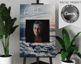 Printable funeral welcome poster, with one large photo. Edit this celebration of life memorial banner template easy in Canva.