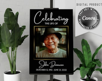 Printable funeral welcome sign, with one large photo. Edit this celebration of life memorial banner template easy in Canva.
