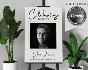 Printable funeral welcome poster, with one large photo. Edit this celebration of life memorial banner template easy in Canva.
