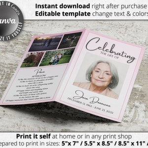 Funeral Program Template, Self Editable and Easy to Print at Home. Half ...