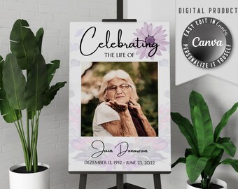 Printable funeral welcome sign, with one large photo. Edit this celebration of life memorial banner template easy in Canva.