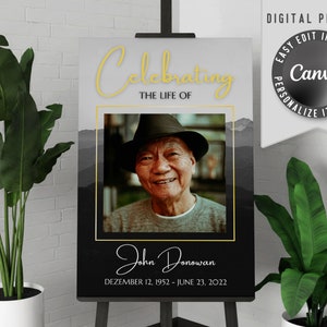 Printable funeral welcome sign, with one large photo. Edit this celebration of life memorial banner template easy in Canva.