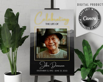Printable funeral welcome sign, with one large photo. Edit this celebration of life memorial banner template easy in Canva.