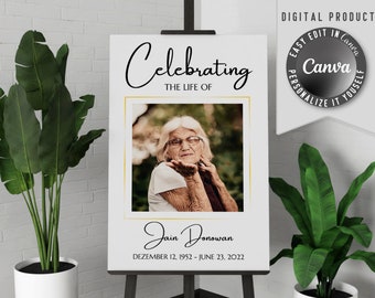 Printable funeral welcome sign, with one large photo. Edit this celebration of life memorial banner template easy in Canva.