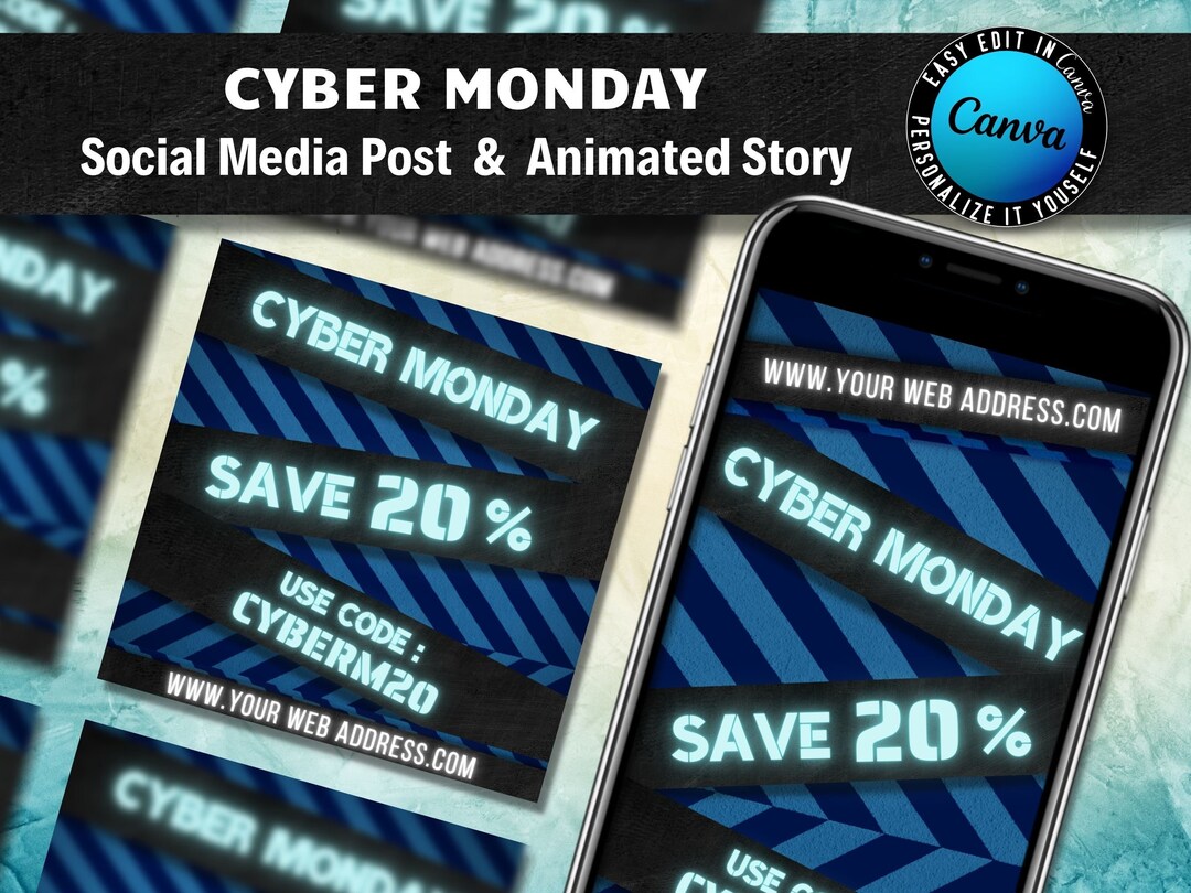 Cyber Monday Social Media Post and Story Blue Black Digital Etsy
