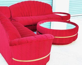 1970's Deco Red Velvet Clamshell Sofa Sectional
