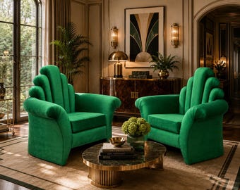 1990's Deco Emerald Green Velvet Throne Chairs