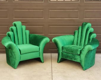 1990's Deco Emerald Green Velvet Throne Chairs