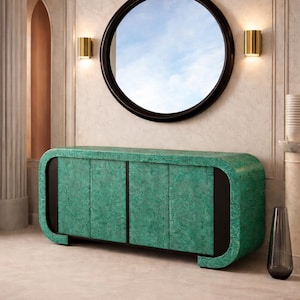 1980's Postmodern Italian Green Malachite Credenza w/ Black Lacquer Wall Mirror