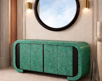 1980's Postmodern Italian Green Malachite Credenza w/ Black Lacquer Wall Mirror