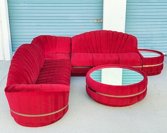 1980's Deco Red Flocking Velvet Clamshell Mirrored Sofa Set