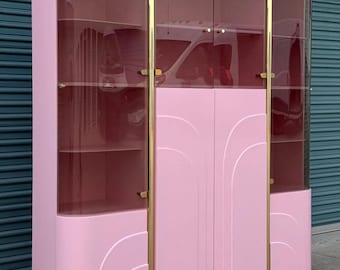 1980's Italian Deco Pink Lacquered Wall Cabinet Unit