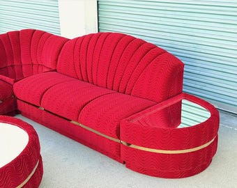 1970's Deco Red Velvet Clamshell Sofa Sectional