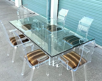1980's Miami Deco Acrylic Dining Set w/ Leopard Velvet Cushions