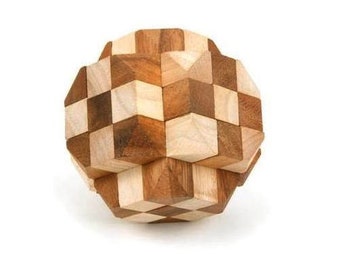 May include: A wooden puzzle in the shape of a sphere with a checkered pattern. The puzzle is made of many small, interlocking pieces.