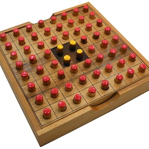 May include: A wooden game board with a grid of red and yellow pegs. The board is in a wooden box with a hinged lid.