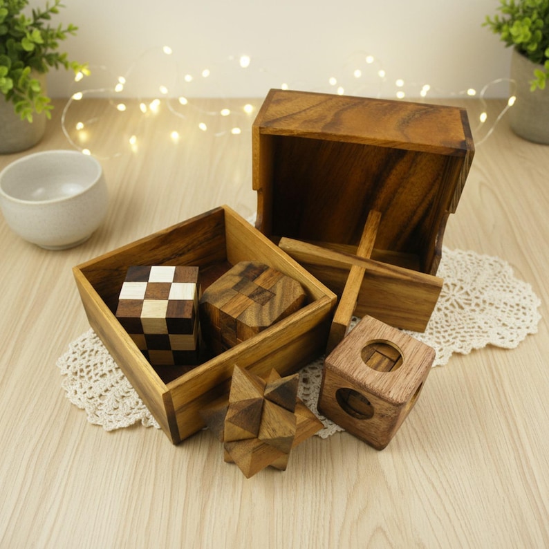 5 Wooden Puzzles Gift Set In A Wooden Box image 1