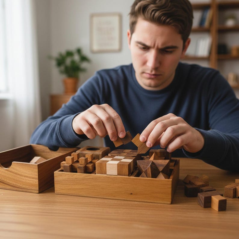 May include: A wooden puzzle game with various geometric shapes and blocks. The puzzle is in a wooden box, with a person's hands placing a piece. The game includes cubes, pyramids, and other shapes, all in natural wood tones.
