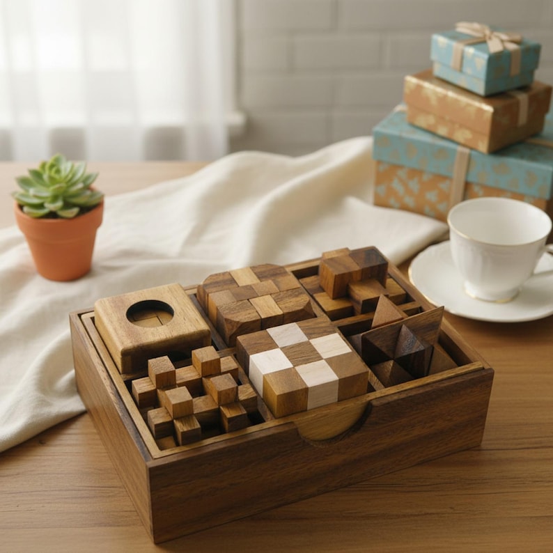 May include: A wooden puzzle set with various geometric shapes, including cubes, a checkerboard pattern, and a star, arranged in a wooden tray. The puzzles are in shades of brown and natural wood tones. A small succulent in a terracotta pot is visible.