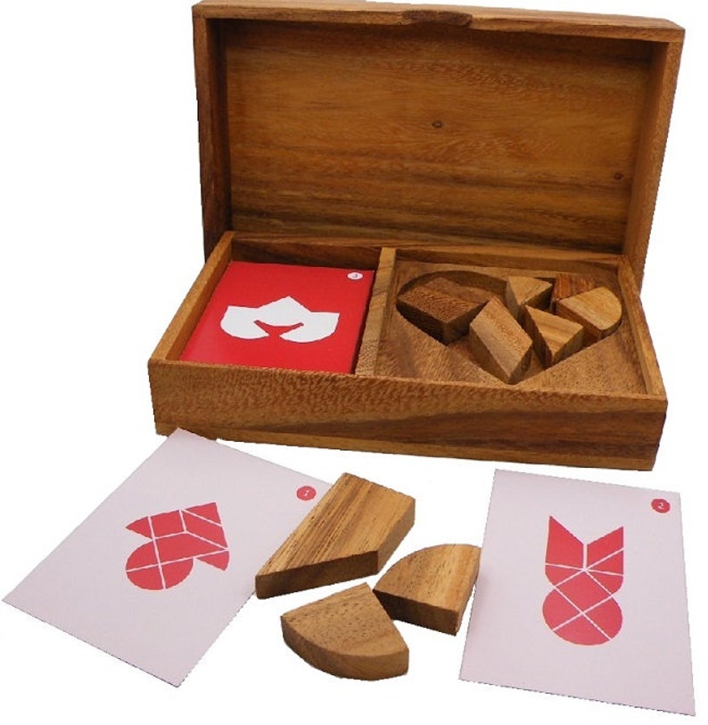 Logic Heart Tangram Set With Play Cards Wooden Puzzle Game - Etsy