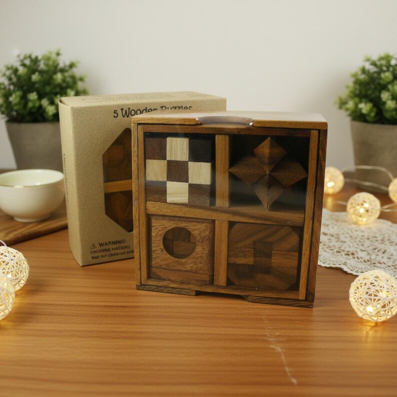 5 Wooden Puzzles Gift Set In A Wooden Box image 4