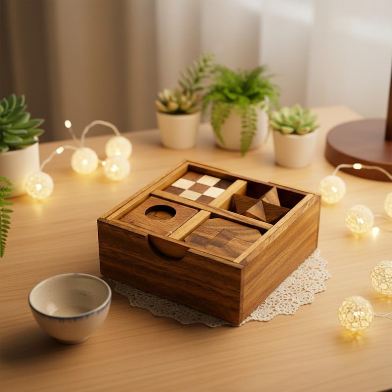 5 Wooden Puzzles Gift Set In A Wooden Box image 2