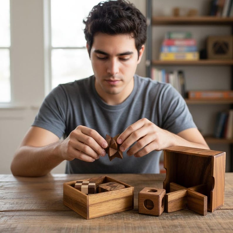 5 Wooden Puzzles Gift Set In A Wooden Box image 3