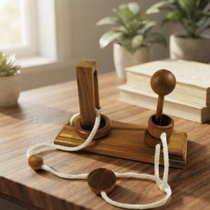 May include: A wooden puzzle featuring a rectangular base with a vertical post and a circular knob. A white rope threads through a wooden ring and a wooden sphere, connecting the components. The puzzle is crafted from smooth, medium-toned wood.