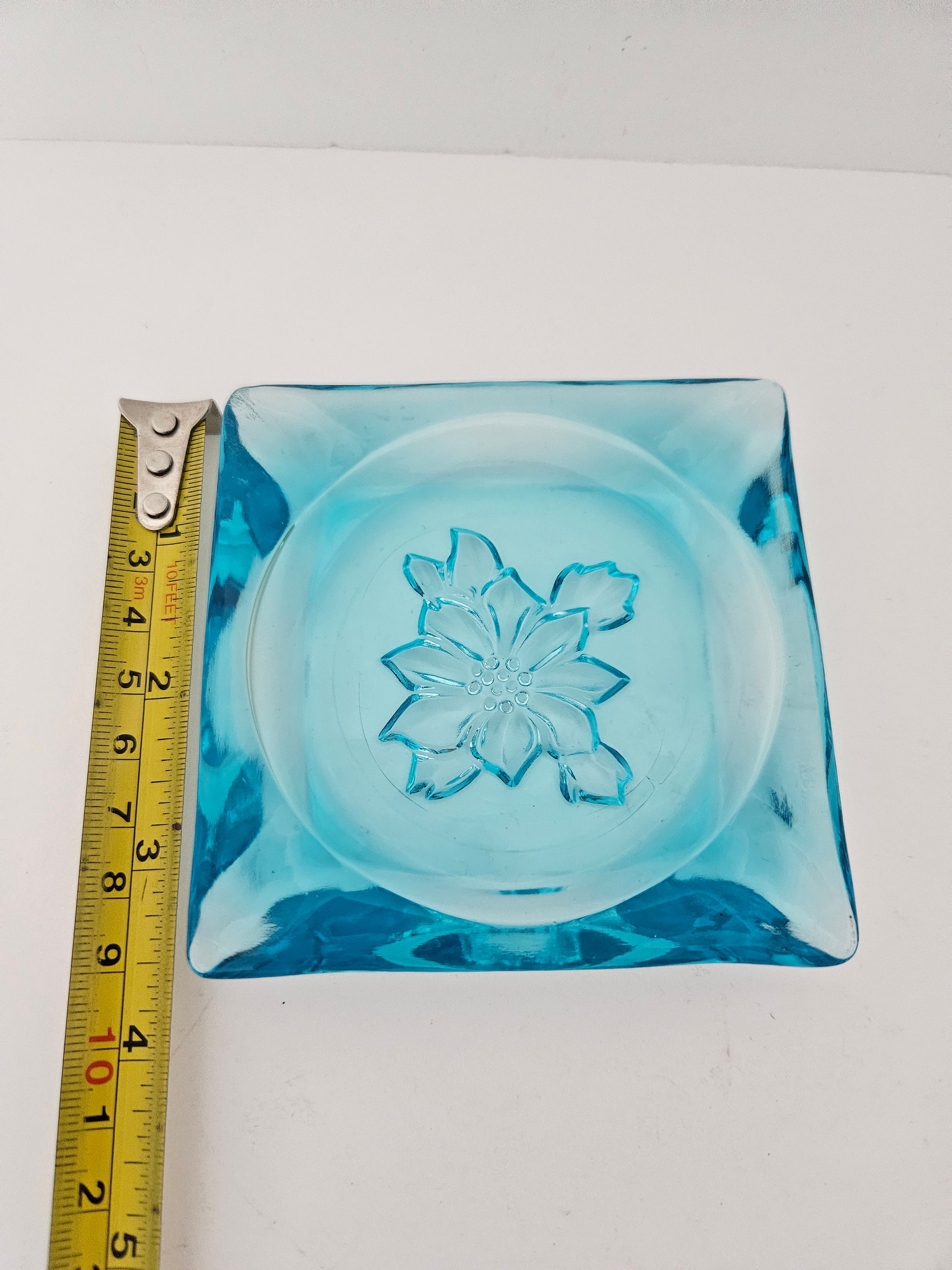 Vintage blue glass ashtray with floral design1950 s etsy