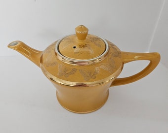 Vintage Cleveland Yellow Hall Gilded Lidded Teapot with Gold Tone Butterflies-(1930's)