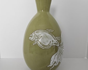 Large Vintage Green and White Japanese Koi Fish Vase-12" Tall