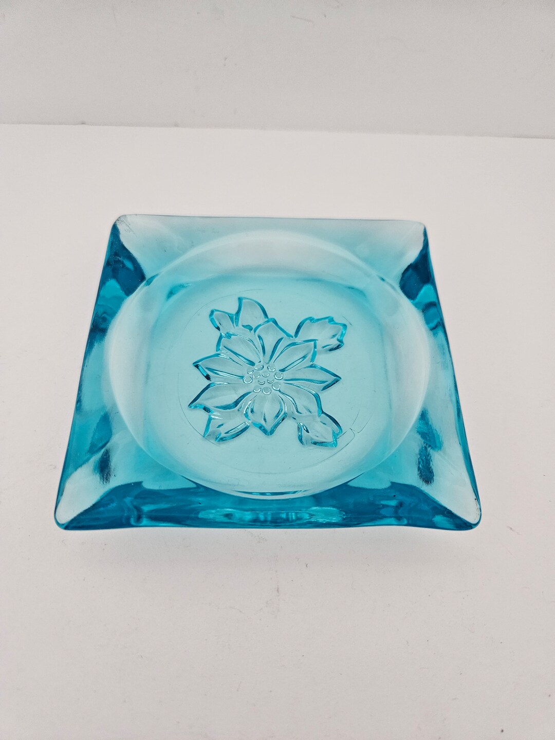 Vintage blue glass ashtray with floral design1950 s etsy
