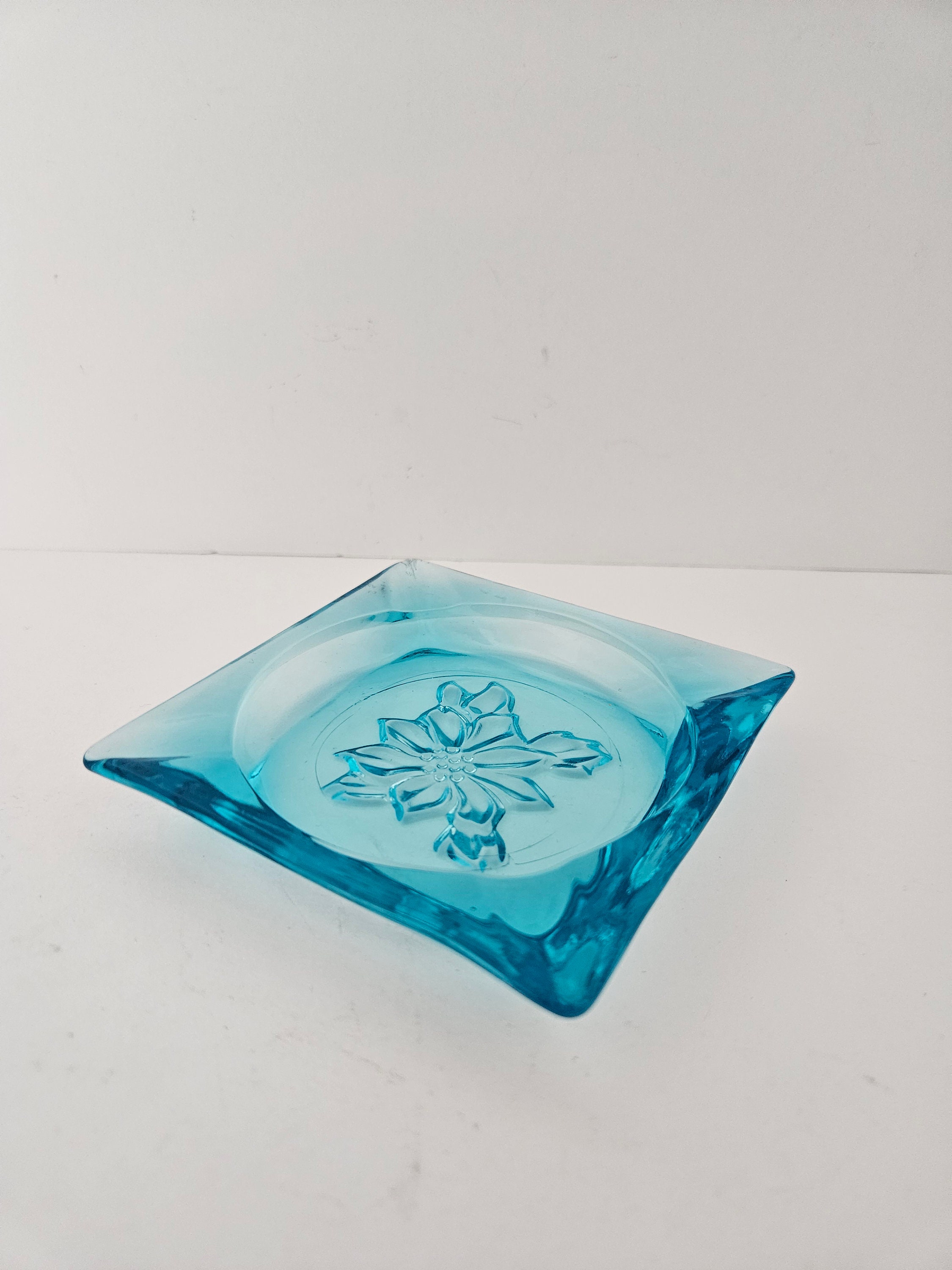 Vintage blue glass ashtray with floral design1950 s etsy