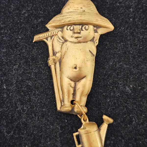 Vintage Metal Kewpie Farmer with Water Can Figural Stick Pin/Brooch
