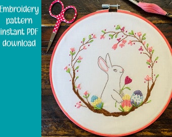 Spring Bunny Wreath Easter Embroidery PDF Pattern