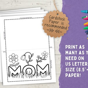 K&ouml;nnte beinhalten: Ausdruckbare Malvorlage einer Karte mit dem Wort "MOM" in gro&szlig;en Buchstaben, umgeben von Blumen und Gras. Die Karte ist zum Falten in der Mitte gedacht und enth&auml;lt Anweisungen zum Drucken auf US-Briefpapier (8,5" x 11").