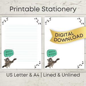 Papelaria para impressão de guaxinim fofo, tamanhos 8,5x11/A4, pautado/sem pauta, amigo por correspondência, papel para escrever cartas, papelaria engraçada, download digital instantâneo