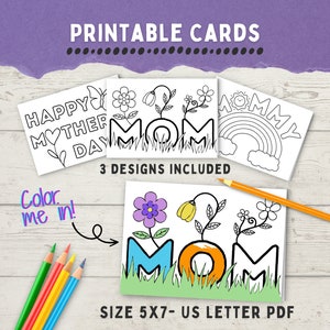 K&ouml;nnte beinhalten: Drei druckbare Muttertagskarten mit einem Blumen-, einem Regenbogen- und einem Herzdesign. Die Karten sind schwarzwei&szlig; und sagen "Frohen Muttertag", "Mama" und "Mami". Die Karten sind 12,7 x 17,8 cm gro&szlig; und auf US-Briefpapier druckbar.