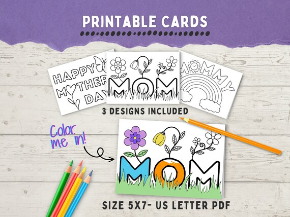Color-In PRINTABLE Mom Card, Mother's Day Card, Mom of 3, Coloring, Blank Inside, Size 5x7, Instant Digital Download