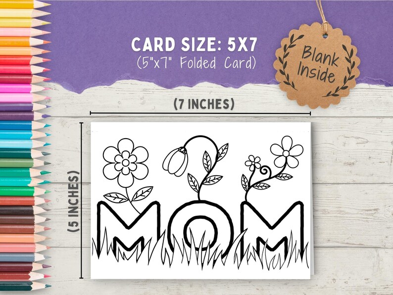 K&ouml;nnte beinhalten: Eine leere Malkarte mit dem Wort "MOM" mit Blumen und Bl&auml;ttern. Die Karte ist 12,7 cm x 17,8 cm gro&szlig; und gefaltet.