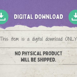 K&ouml;nnte beinhalten: Eine Grafik f&uuml;r digitalen Download mit einem violetten Hintergrund und wei&szlig;em Text, der "DIGITALER DOWNLOAD" lautet. Der Text "Dieser Artikel ist ein digitaler Download NUR." befindet sich unter der Grafik. Der Text "KEIN PHYSIKALISCHES PRODUKT WIRD VERSANDT." befindet sich unter dem Text.