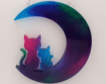 Katzen im Mond | Fensterschmuck aus Epoxidharz / Resin | Wanddeko Fensterdeko Wandschmuck Blau Pink Lila Grün Suncatcher Gechenk für Kinder