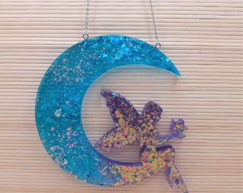 Fairy in the Moon | Window decoration made of epoxy resin / resin | Wall Decoration Window Decoration Wall Decoration Pink Blue Green Suncatcher Gift Idea
