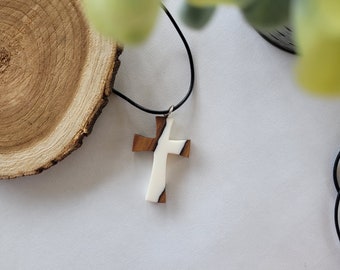 Classic Teak Wood Cross Pendant with Matte White Epoxy , Cross Necklace, Handcraft Pendant, Beautiful Necklace