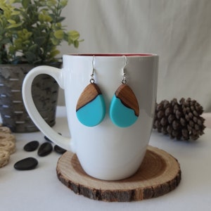 Unique Handmade Turquoise Teardrop Earrings made from REAL Wood | Colorful Vibes Dangle Earrings for Women | Teak Wood Boho Earrings