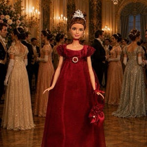 Peut inclure: Une poupée aux cheveux bruns coiffés en chignon portant un diadème argenté et une robe longue rouge foncé à manches courtes bouffantes. La robe présente une broche centrale rouge et blanche à l'encolure. La poupée tient un petit sac à main rouge.