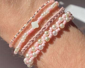 Light Pink Beaded Bracelet Stack: Seed Beads, Stretch Bracelets, String Bracelets