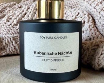Diffuseur de parfum à bâtonnets « Nuits cubaines », parfum d'ambiance végan longue durée (100 ml, 8 bâtonnets en fibre)