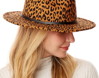 Belt Buckle Trim Fedora Hat-  Leopard Print